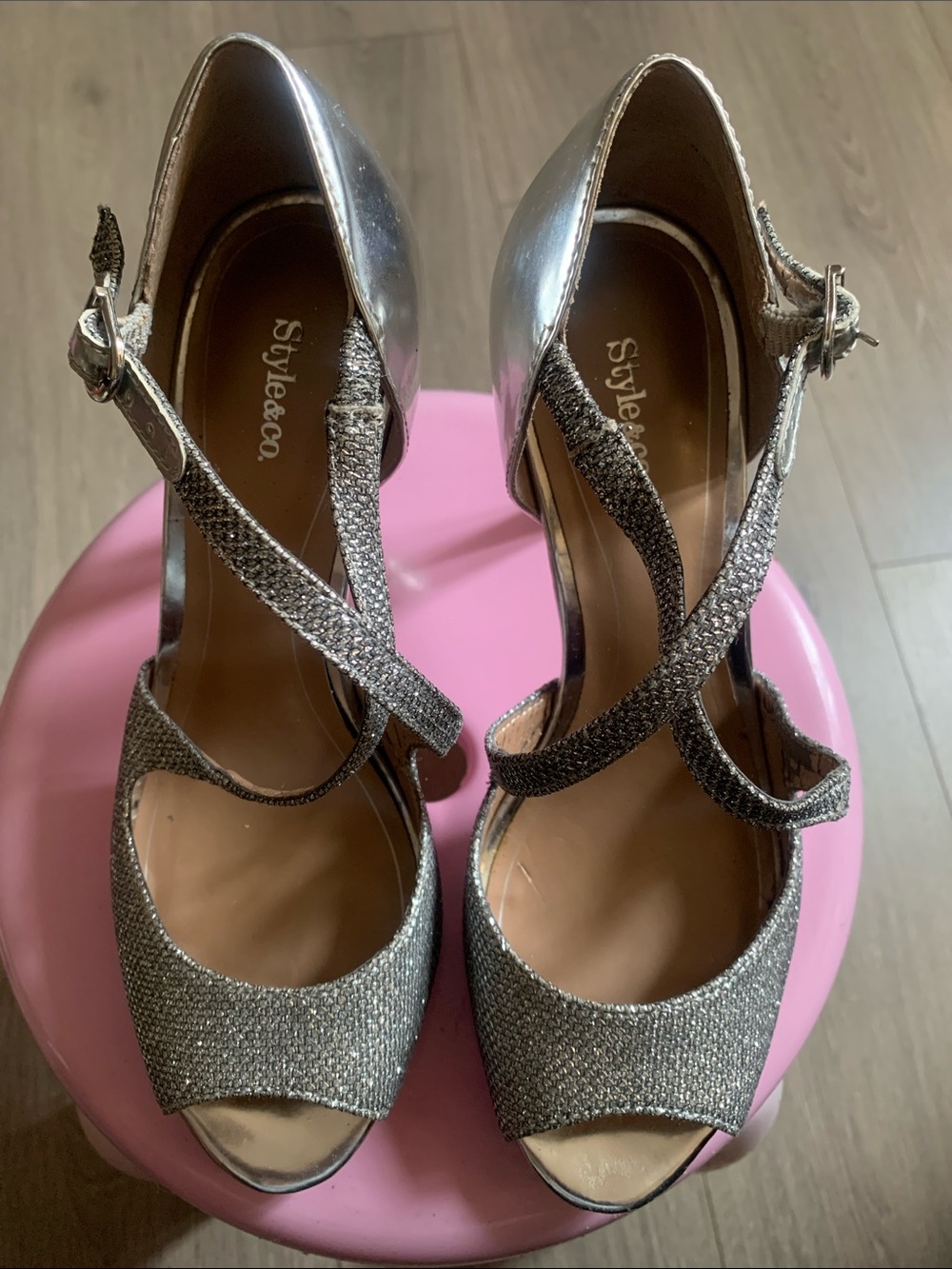 Style & Co. Silver Glitter Crisscross Peep-Toe Heels